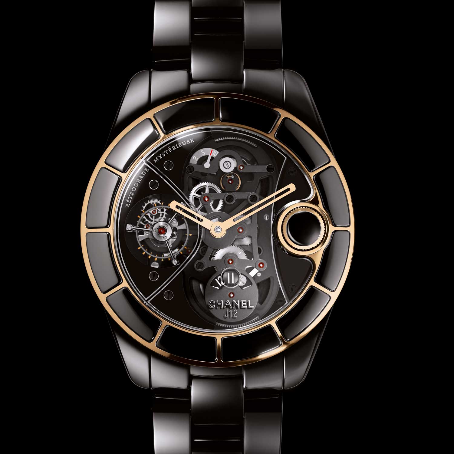 The J12 Rétrograde Mystérieuse Tourbillon (2010) with a retrograde minute hand, a 10-day power reserve and a frontally operated crown
